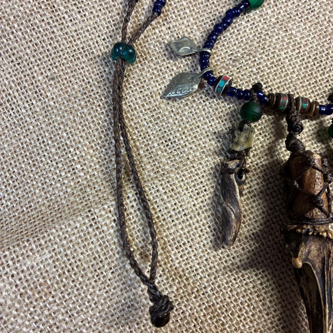 ナガ族　ネックレス　鹿の角　蛇骨　マクラメ　ビンテージ