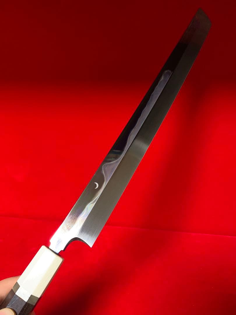 NO.01234包丁　先丸　堺製　中子刻印有り　水本焼　白一鋼　富士山残月　桐箱