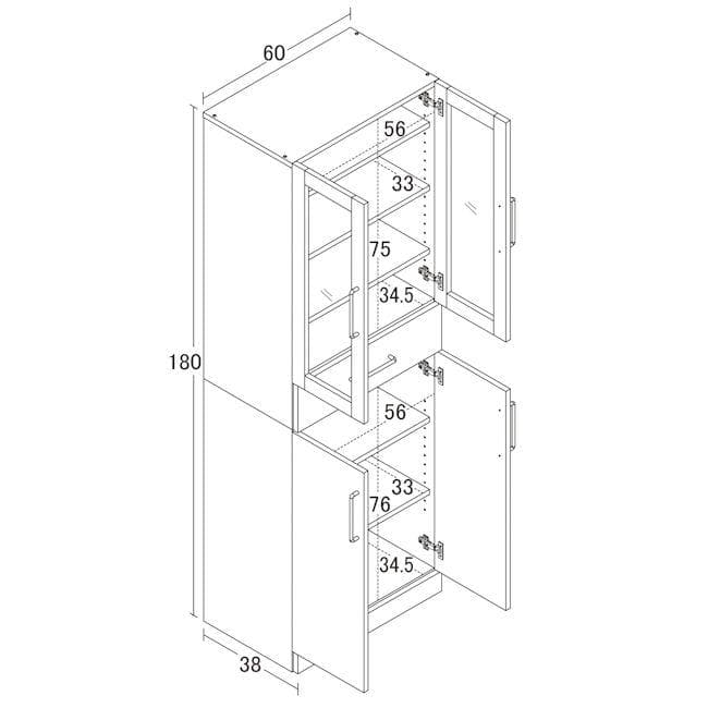 鏡面メラミン仕様 食器棚幅60cm カップボード高さ180cm（833）