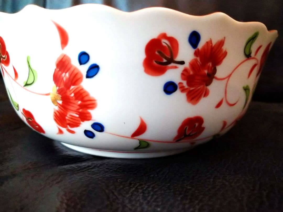 ♥【金彩古美濃焼】銅鑼鉢・赤絵大・中2皿♢古橘吉・たち吉・輪花型