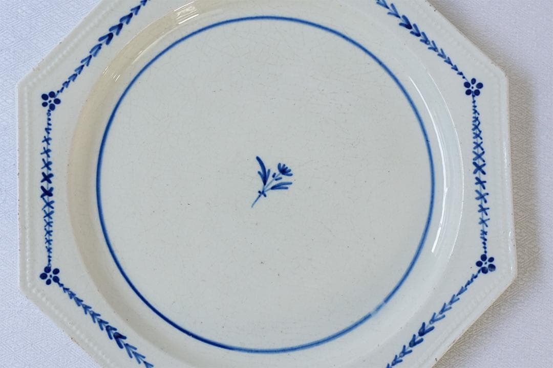 フランスアンティーク　オクトゴナル　プレート　青小花　20.2cm