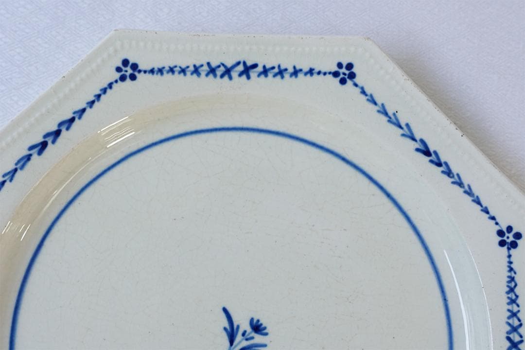 フランスアンティーク　オクトゴナル　プレート　青小花　20.2cm