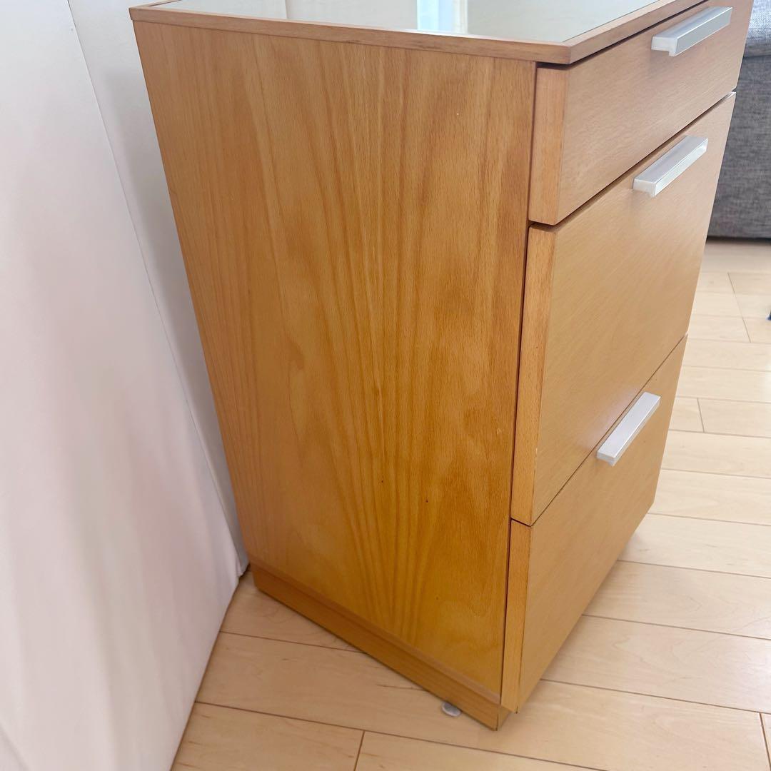 ガラス天板木製キャビネット 3段チェスト ミッドセンチュリー モダン