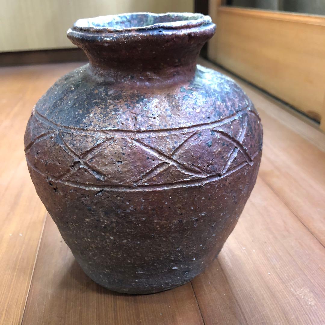 骨董品 手彫り模様茶色緑色グラデーション壺 花道茶道水差し 作家物