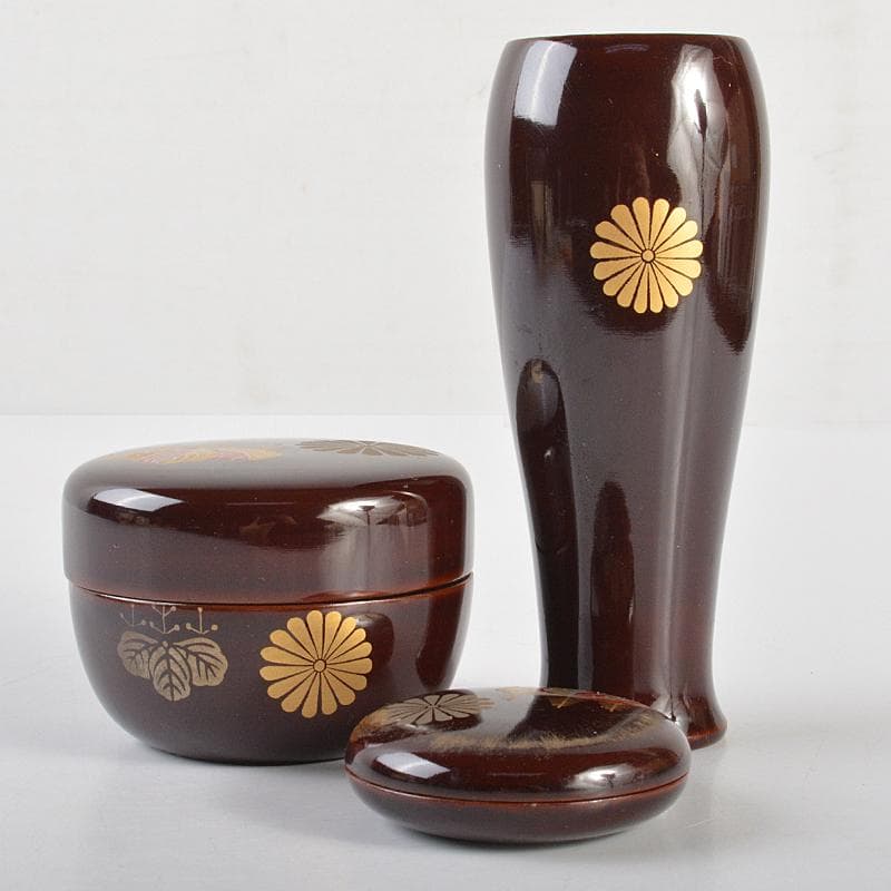 茶道具 利休茶箱 色絵花文茶碗 菊桐蒔絵棗など 七点 一式 V R7103