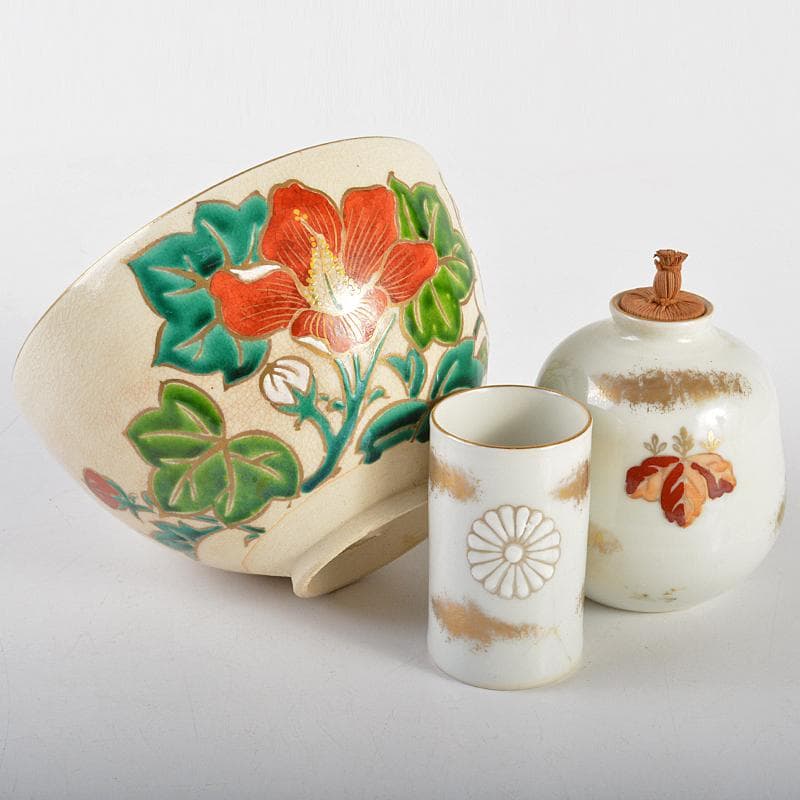 茶道具 利休茶箱 色絵花文茶碗 菊桐蒔絵棗など 七点 一式 V R7103