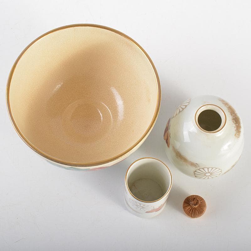 茶道具 利休茶箱 色絵花文茶碗 菊桐蒔絵棗など 七点 一式 V R7103