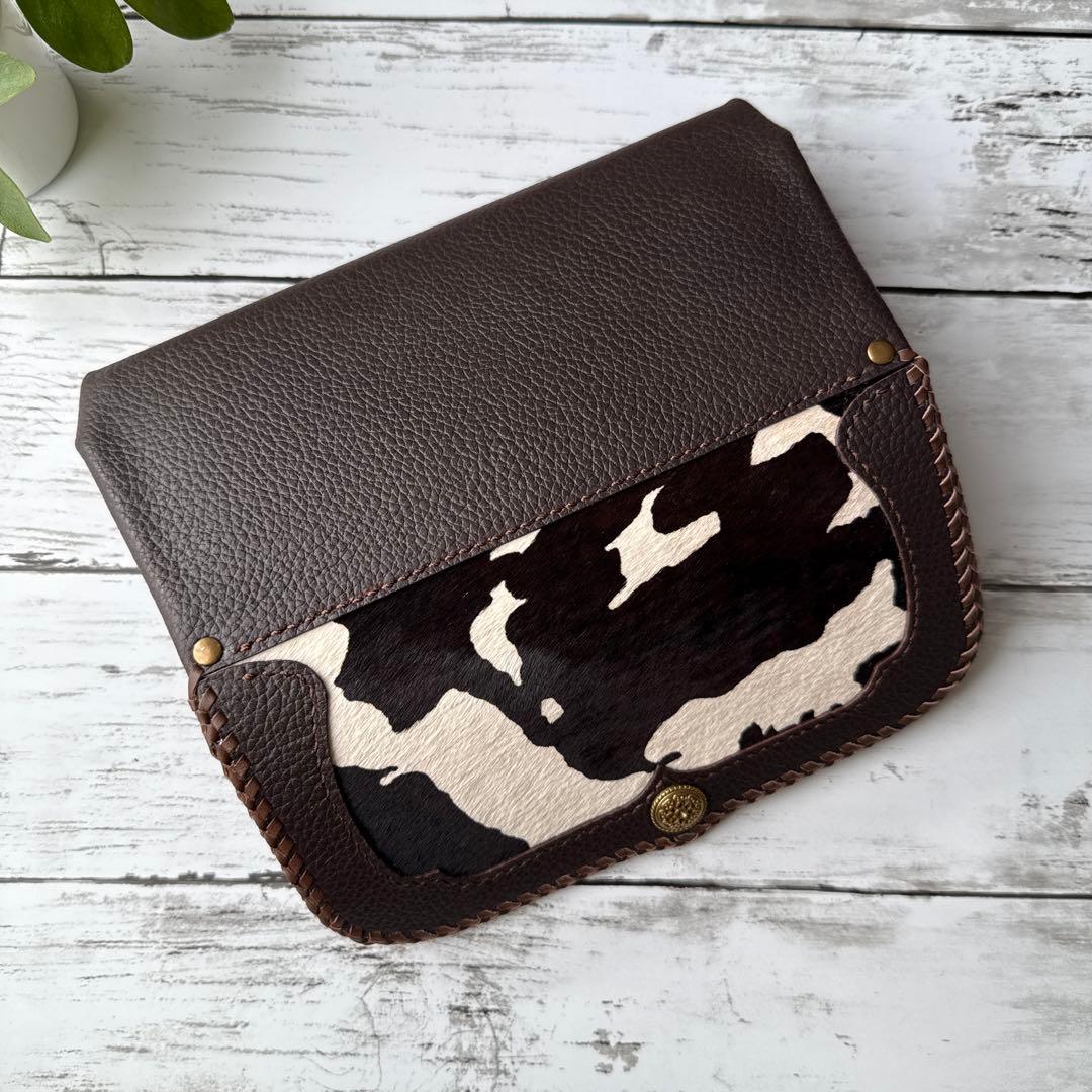 本革 長財布 毛付き ハラコ　カウ柄　姫路レザー　ダークブラウン