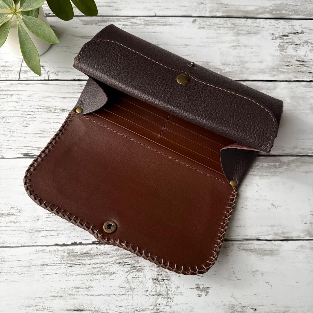 本革 長財布 毛付き ハラコ　カウ柄　姫路レザー　ダークブラウン