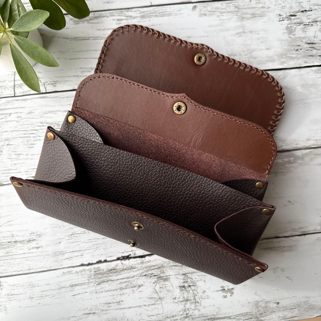 本革 長財布 毛付き ハラコ　カウ柄　姫路レザー　ダークブラウン