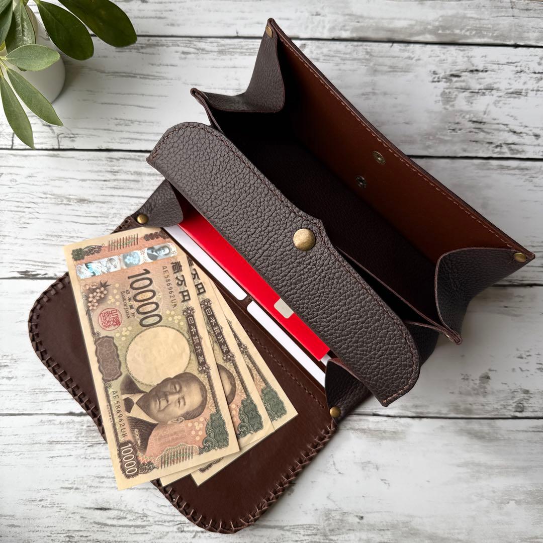 本革 長財布 毛付き ハラコ　カウ柄　姫路レザー　ダークブラウン