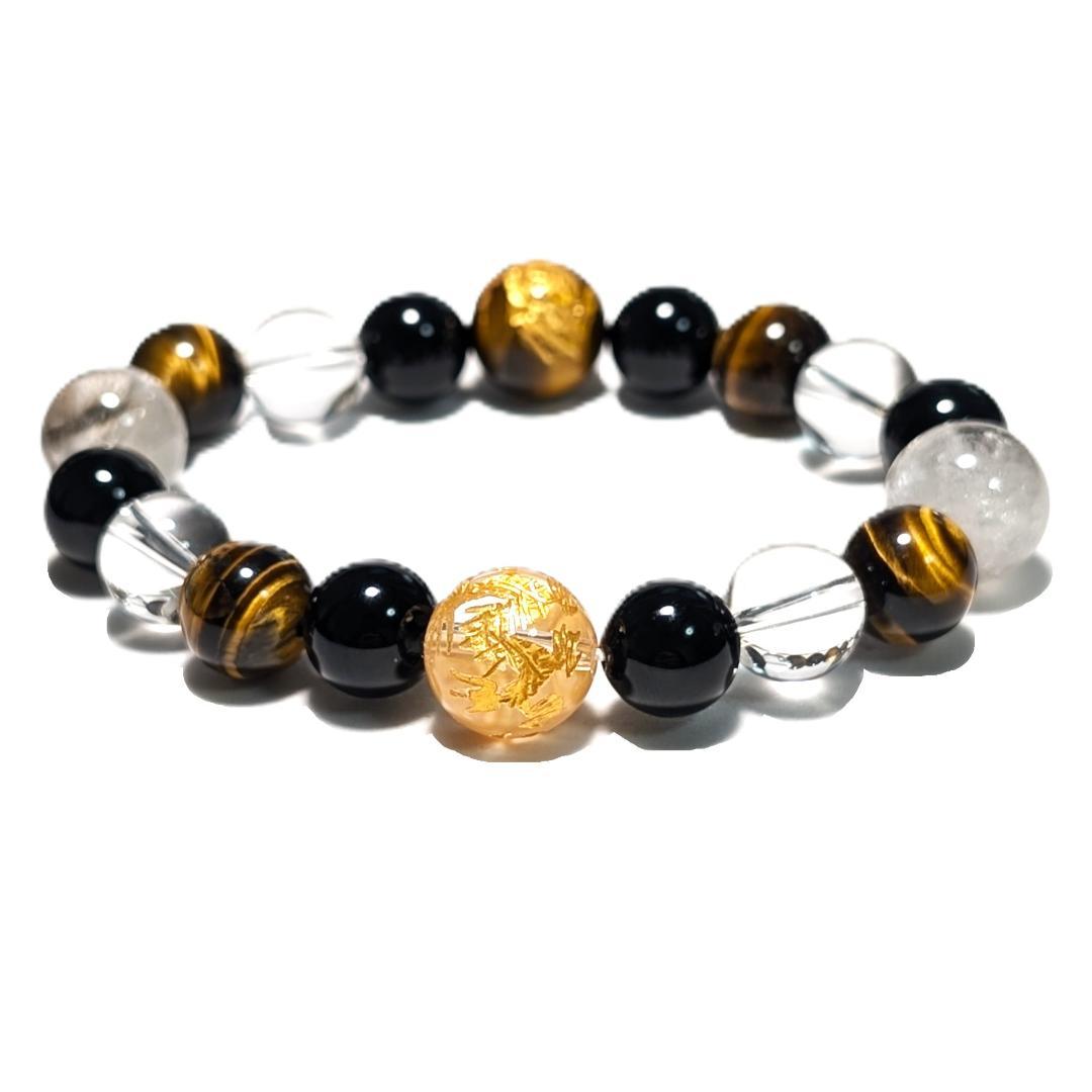 皇帝龍が導く財運上昇―五本爪彫刻水晶×タイガーアイ×オニキス 守護ブレスレット 開運お守り】 金彫り オブシディアン 五爪皇帝龍 黒曜石 オニキス 水晶