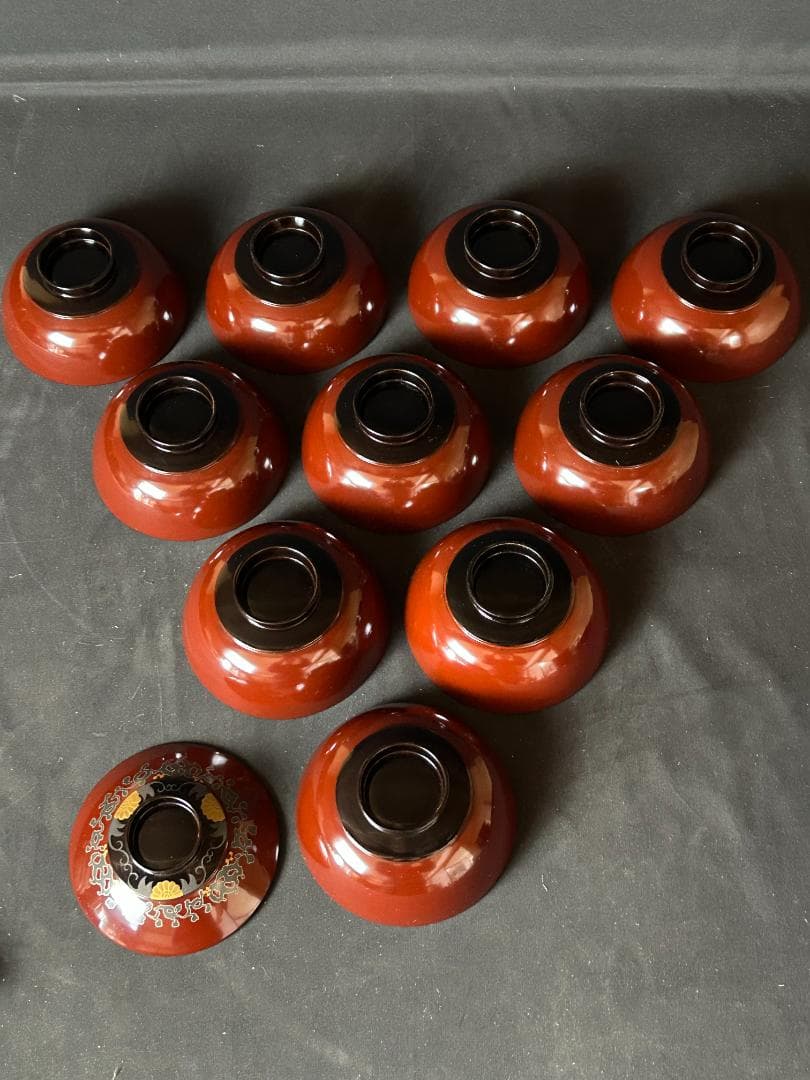 輪島塗 唐草蒔絵 栗色黒塗 天然木 吸物椀 10客 共箱 茶懐石道具 987