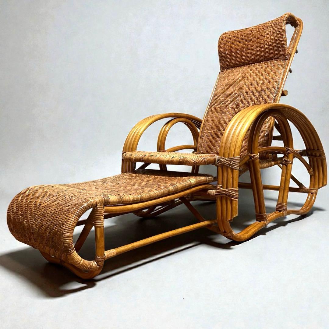 【良品】ラタン製 リクライニングチェア 1人掛けソファー　籐家具　昭和レトロ