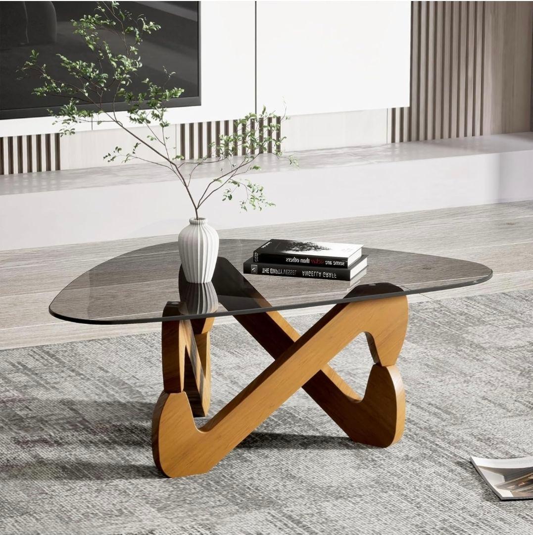 三角形ガラス天板のローテーブル