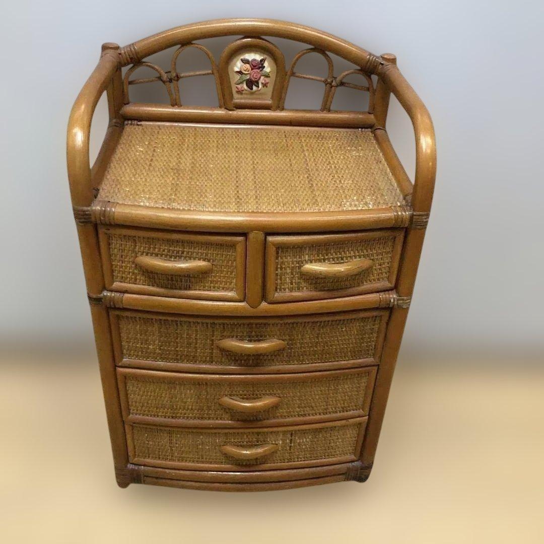 送料無料 ラタン 籐製 チェスト 5段 収納棚 タンス レトロ　250804-2