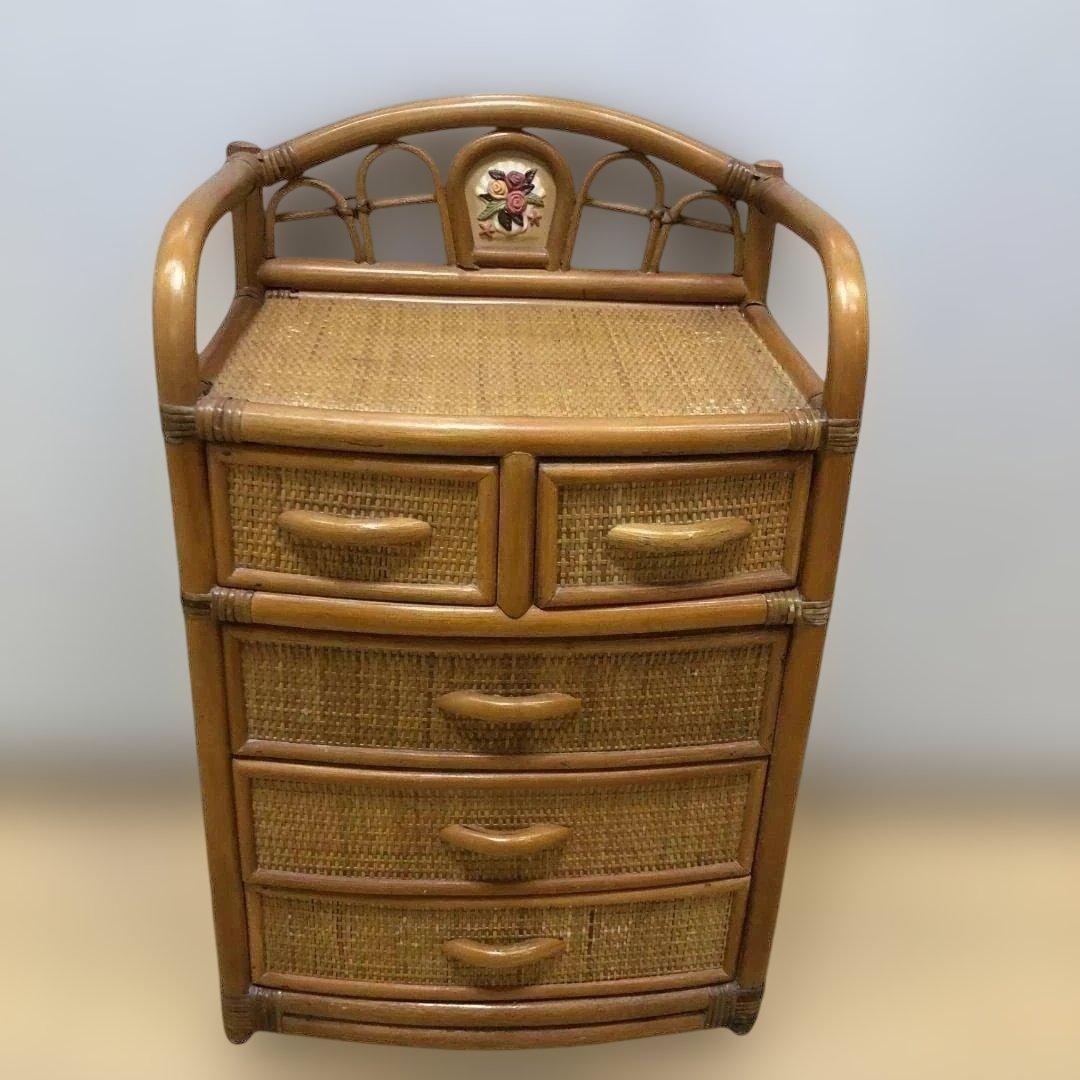 送料無料 ラタン 籐製 チェスト 5段 収納棚 タンス レトロ　250804-2