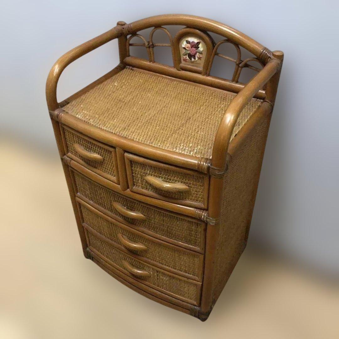 送料無料 ラタン 籐製 チェスト 5段 収納棚 タンス レトロ　250804-2