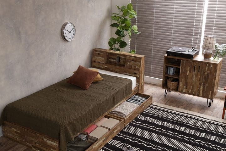 【シングル】Cave 寄木柄引出し付ベ★マットレス付き★