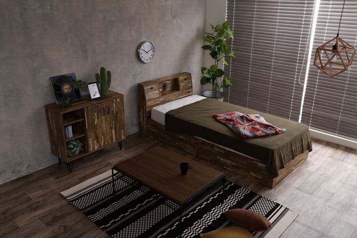 【シングル】Cave 寄木柄引出し付ベ★マットレス付き★