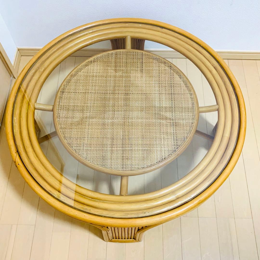 籐家具　　ラタンテーブル　ローテーブル　ガラス天板付き　丸テーブル　昭和レトロ