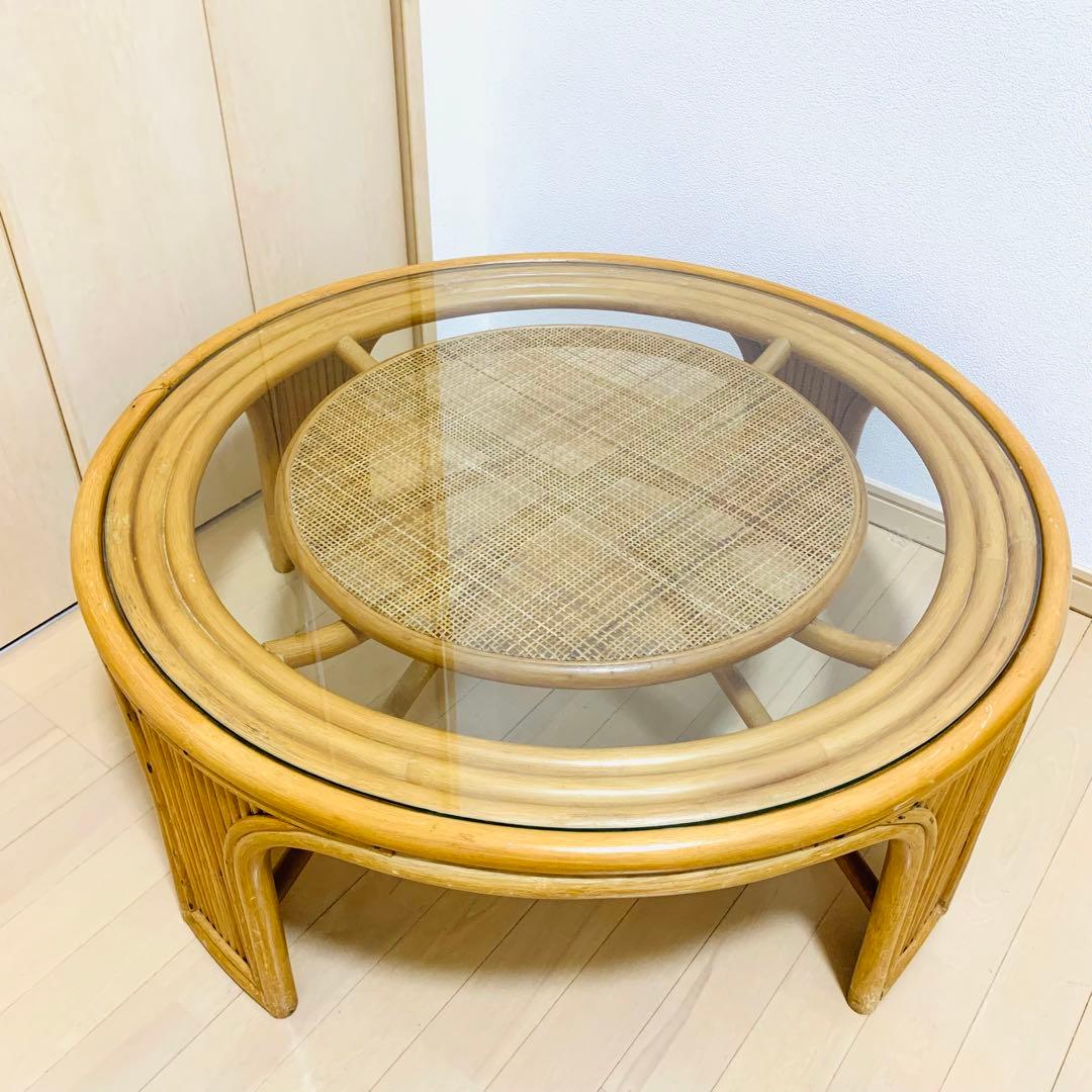 籐家具　　ラタンテーブル　ローテーブル　ガラス天板付き　丸テーブル　昭和レトロ
