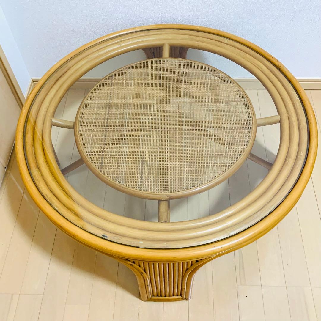 籐家具　　ラタンテーブル　ローテーブル　ガラス天板付き　丸テーブル　昭和レトロ