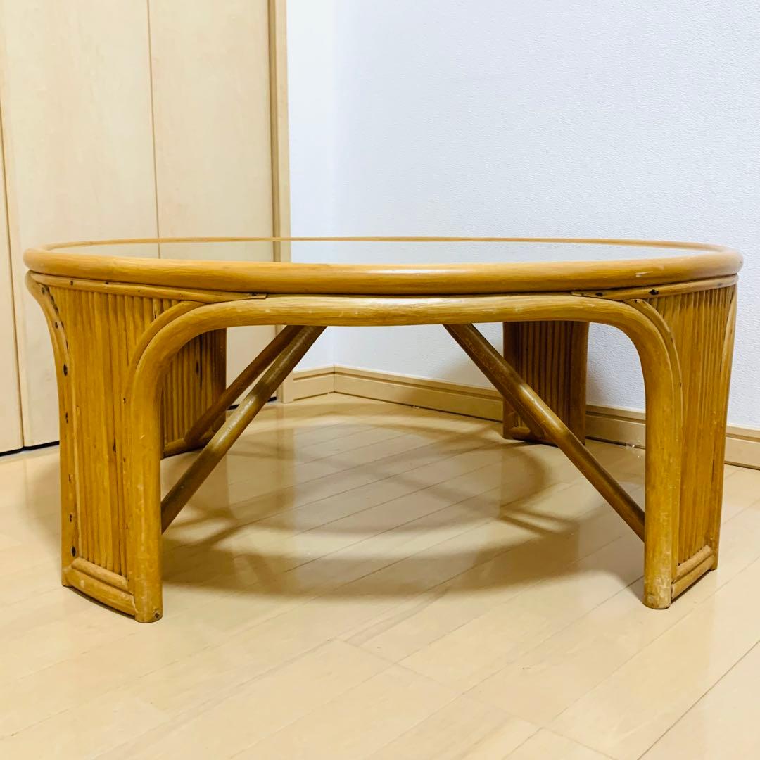 籐家具　　ラタンテーブル　ローテーブル　ガラス天板付き　丸テーブル　昭和レトロ