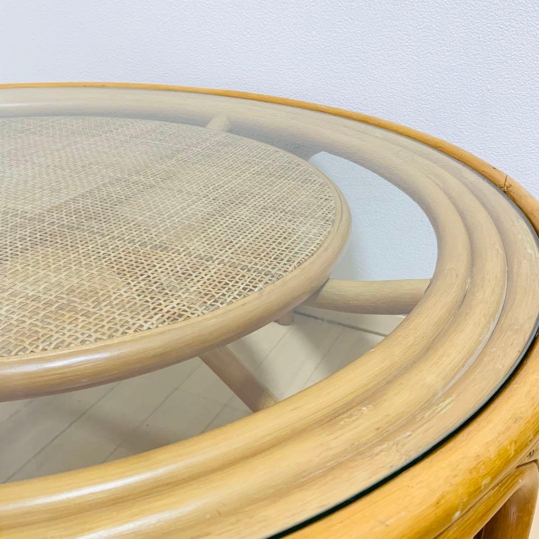 籐家具　　ラタンテーブル　ローテーブル　ガラス天板付き　丸テーブル　昭和レトロ