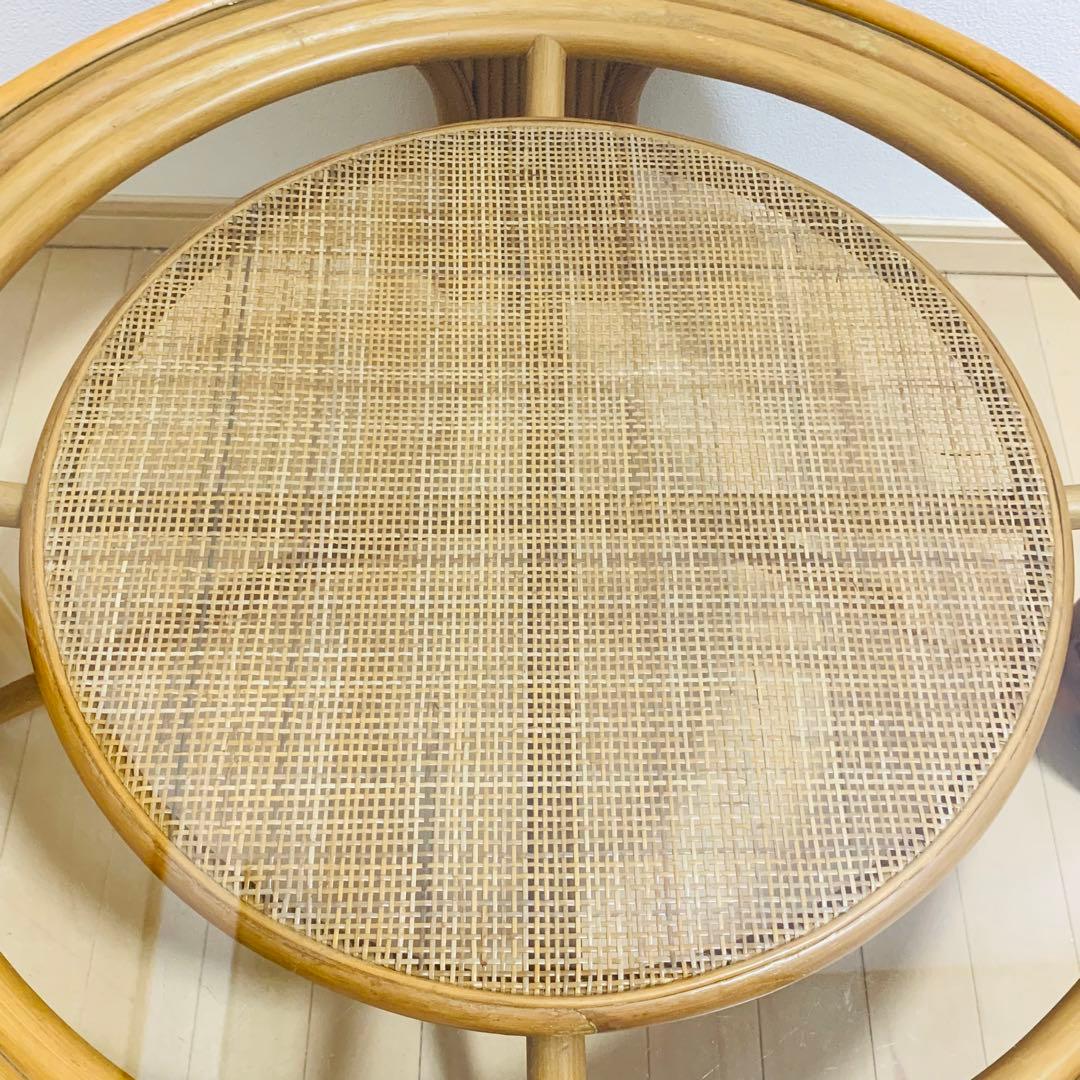 籐家具　　ラタンテーブル　ローテーブル　ガラス天板付き　丸テーブル　昭和レトロ