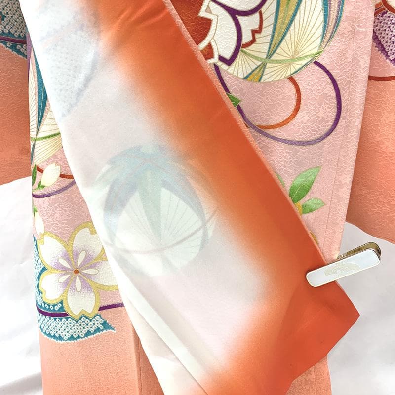 507ag51□七五三 七歳 女児 着物&袋帯＆長襦袢 金彩 毬 桜□状態良好