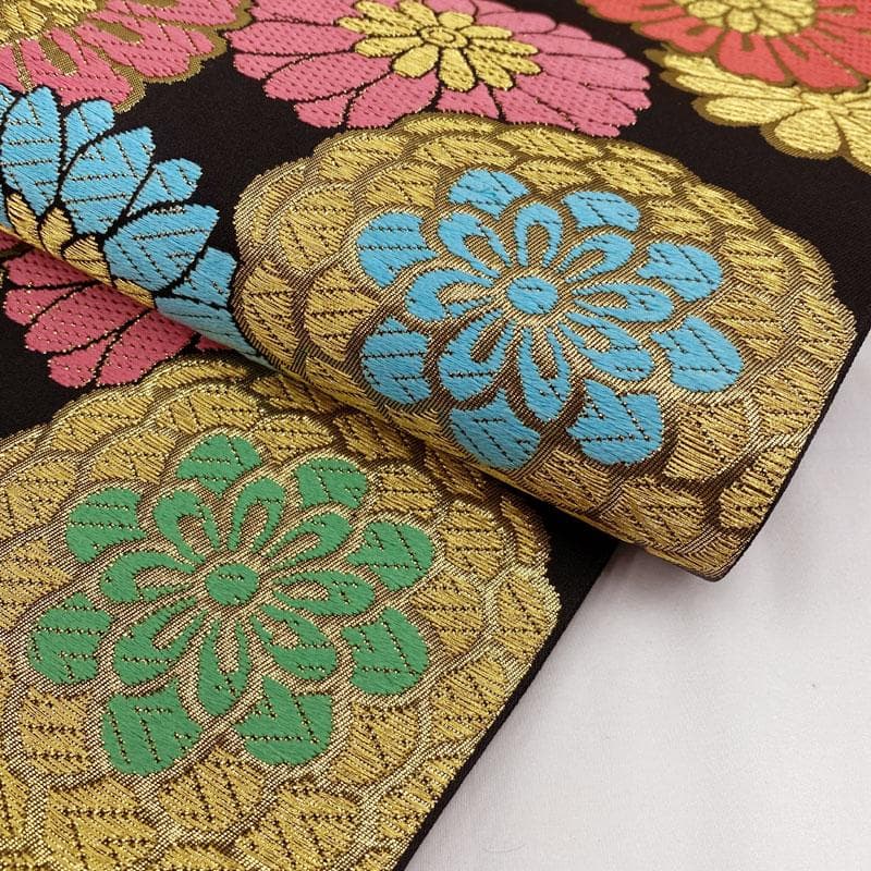 411ag69◎川島織物 七五三 7歳 全通袋帯 ハーフ成人式 菊 黒◎美品