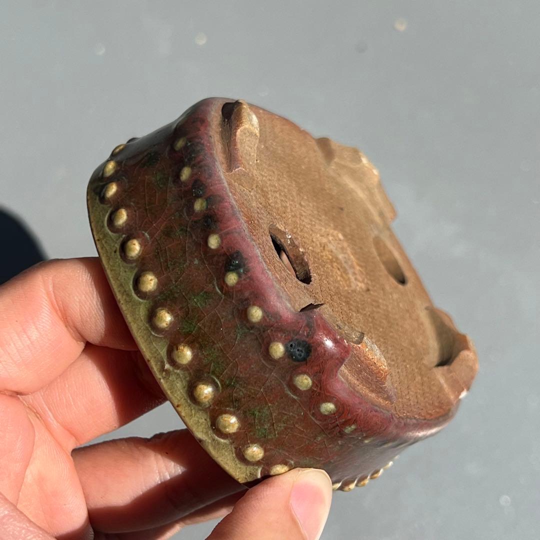 730.平安虹泉 辰砂釉鼓釘抚角長方 盆栽鉢 植木鉢 9.4*8.1*3.6cm