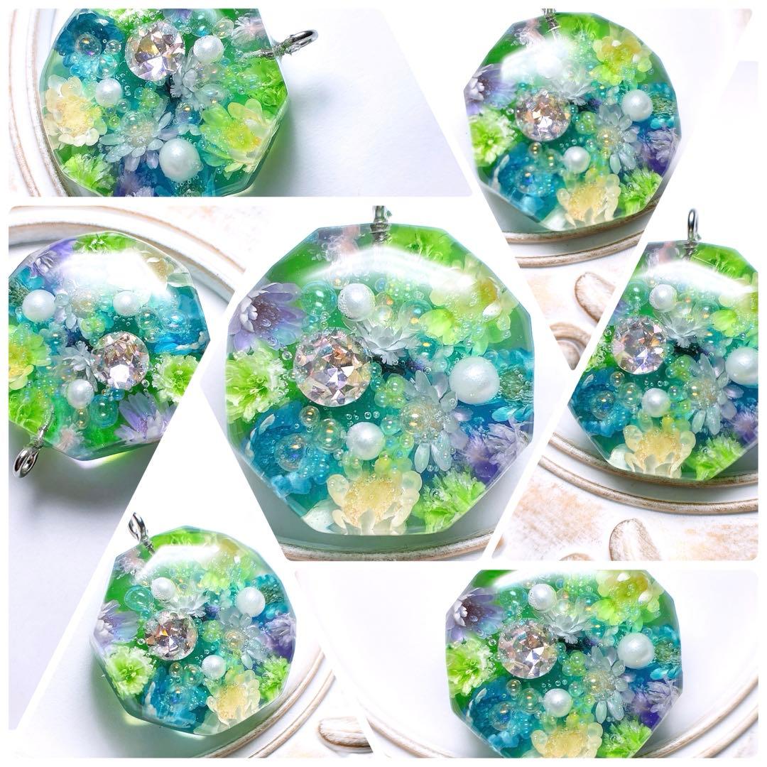 K009 レジン　ネックレス　グリーン系癒しフラワーアレンジ八角形