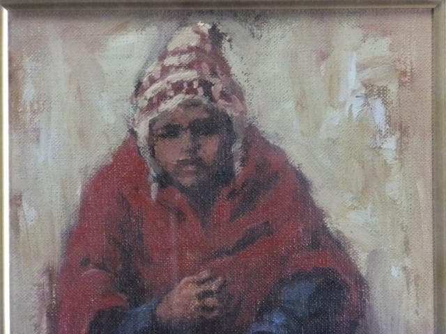 小田和典　直筆サイン『果物売りの少年』キャンヴァスに油彩 4号 0418G