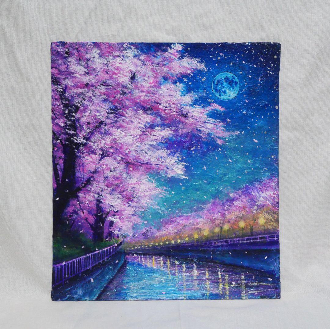 真作】油絵「青い満月の夜桜」原画 額装済み 幻想的な風景画 ギフトに