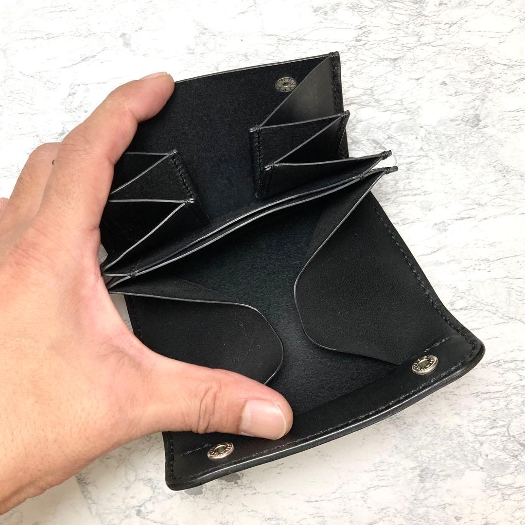 本革 トラッカーウォレット コンパクト財布 黒 ミドルウォレット メンズ