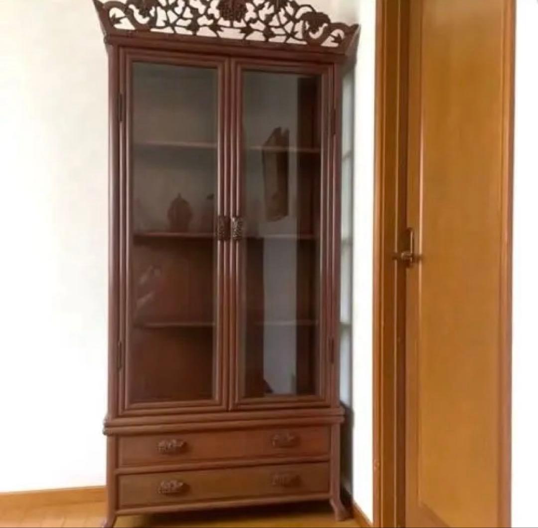 【極美品】アンティーク 三越購入 唐木家具 葡萄唐草透彫 飾り棚 キュリオケース