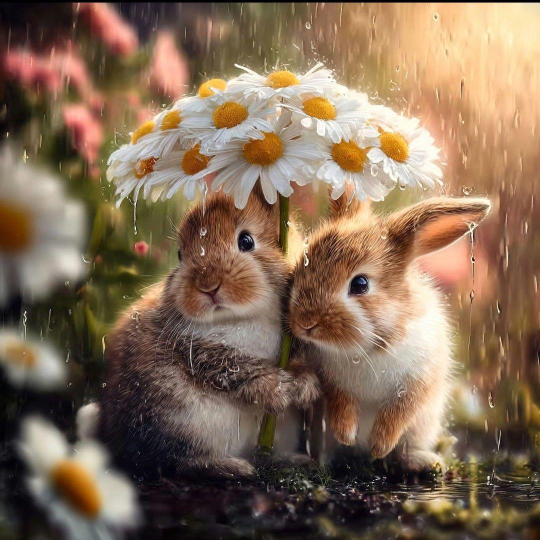 花の傘をさすうさぎパネル生地　ハンドメイド