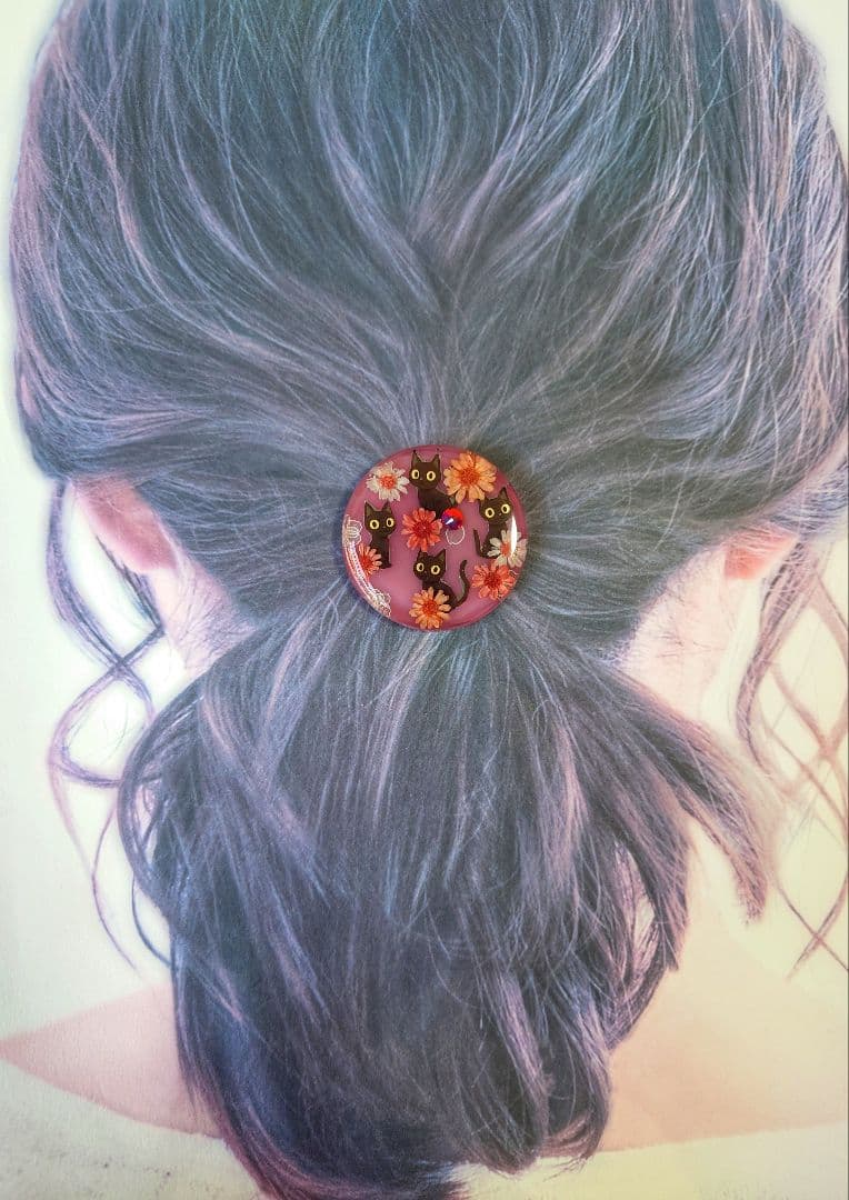 レジン　猫　ヘアゴム　ブローチ　ポニーフック　No.514