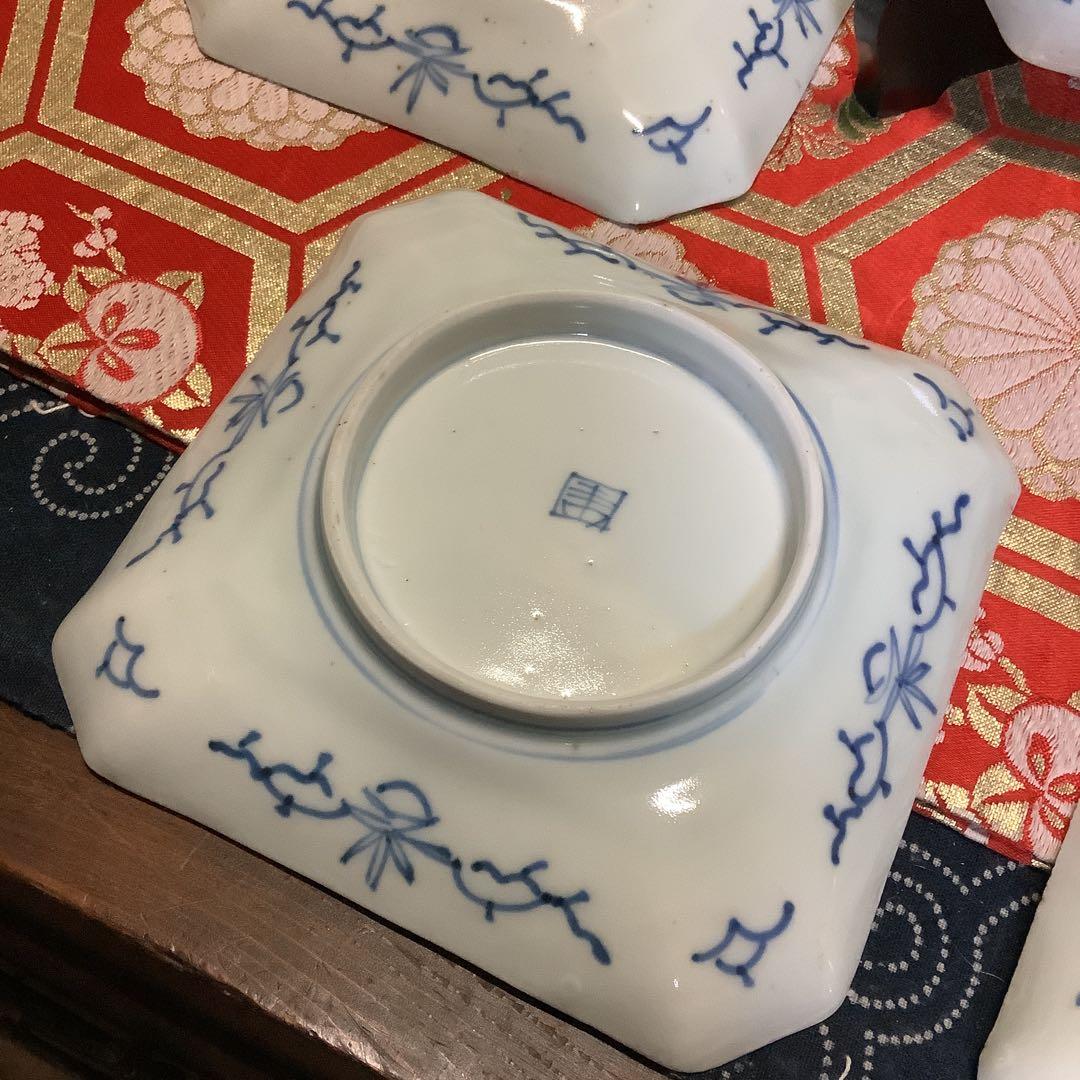 古伊万里 染付 線描 松竹梅 角皿 江戸 銘有 5客 大聖寺・李朝・輪島塗