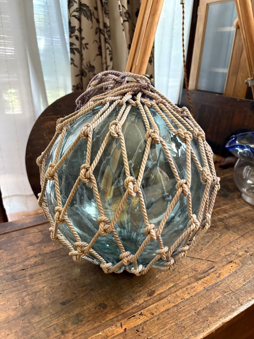 【特大25cm】ヴィンテージ 浮ガラス 浮き玉 吹きガラス 網付レトロ オブジェ