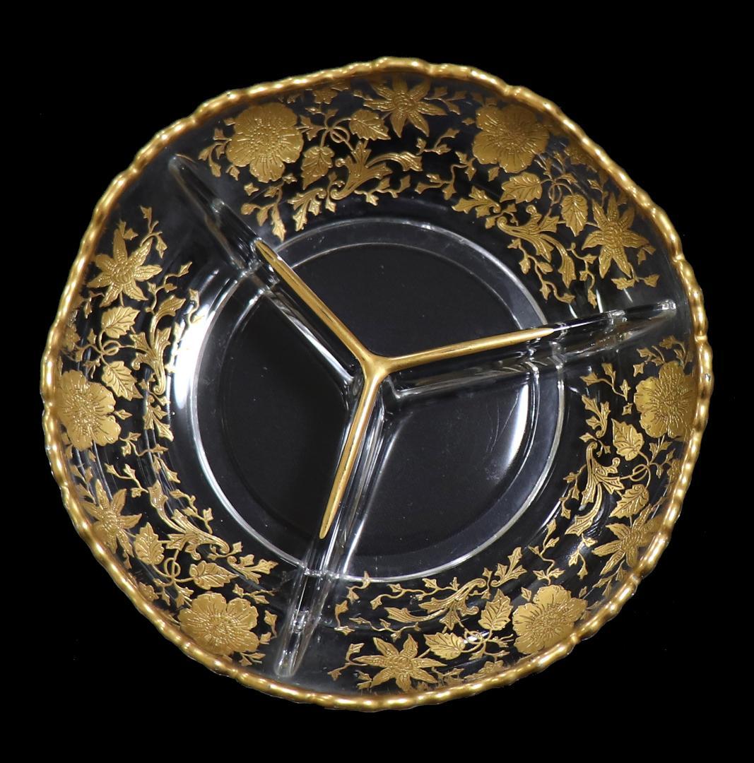 オールド・バカラ 珍品 金彩花柄 三分割 仕切り トレー 小物入れ アンティーク