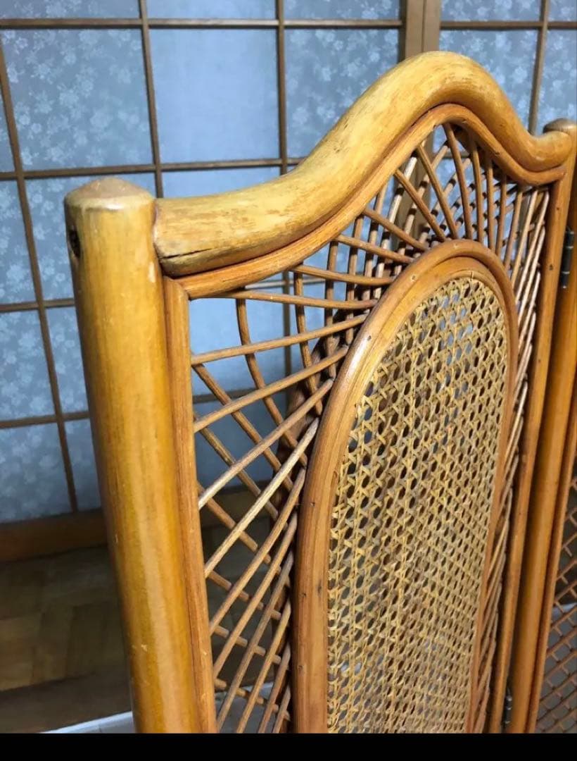 ❣️衝立　パーテーション　屏風ラタン　間仕切り目隠しレトロ　木製３連　キッチン玄関