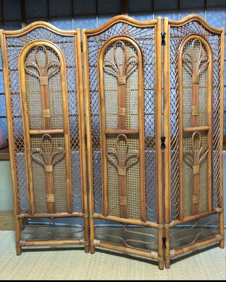 ❣️衝立　パーテーション　屏風ラタン　間仕切り目隠しレトロ　木製３連　キッチン玄関
