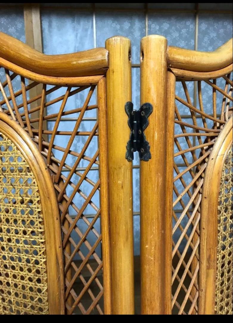 ❣️衝立　パーテーション　屏風ラタン　間仕切り目隠しレトロ　木製３連　キッチン玄関