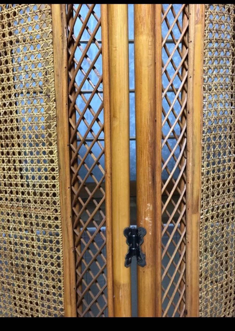 ❣️衝立　パーテーション　屏風ラタン　間仕切り目隠しレトロ　木製３連　キッチン玄関