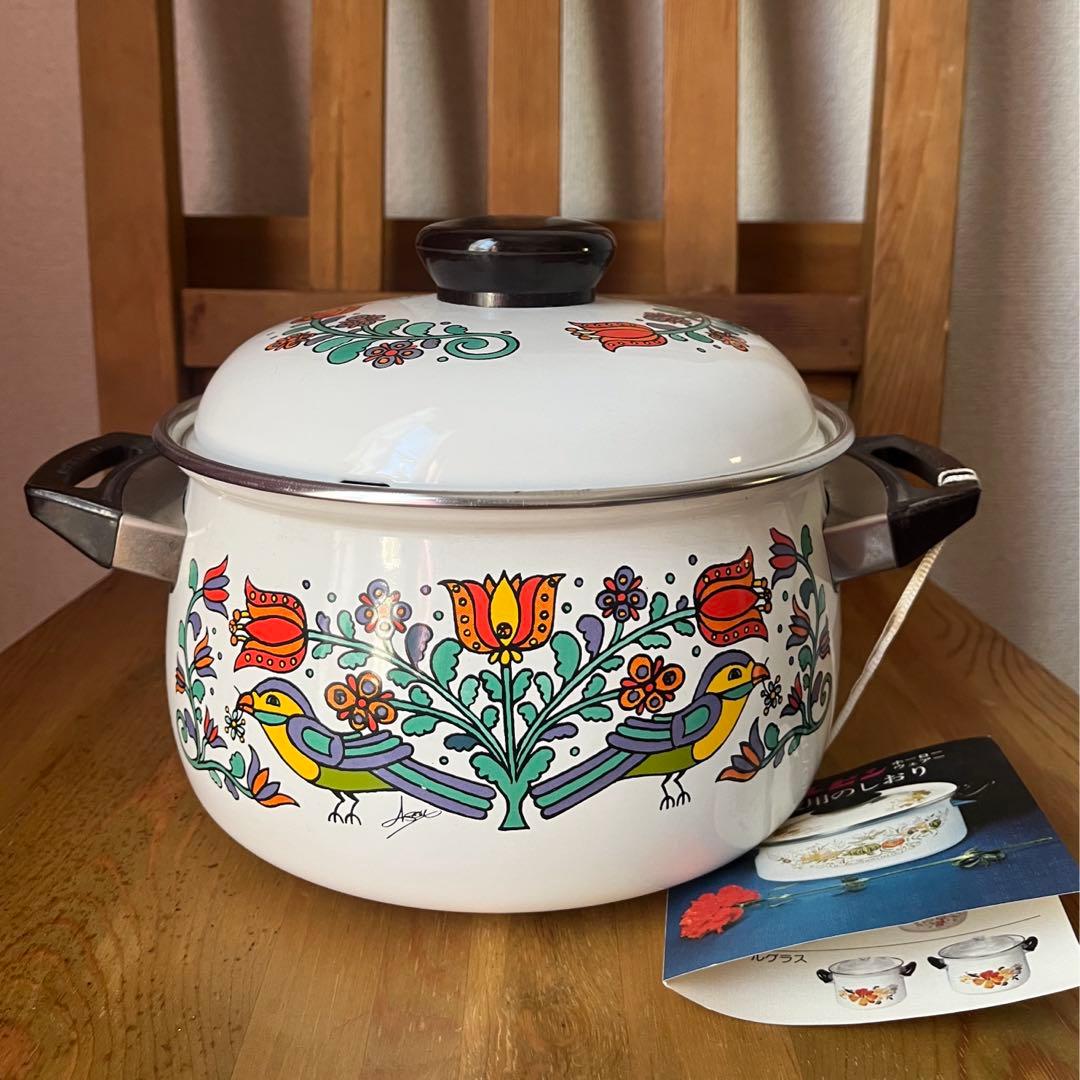昭和レトロ マルビシ ホーロー両手鍋 花と鳥 未使用 - メルカリ