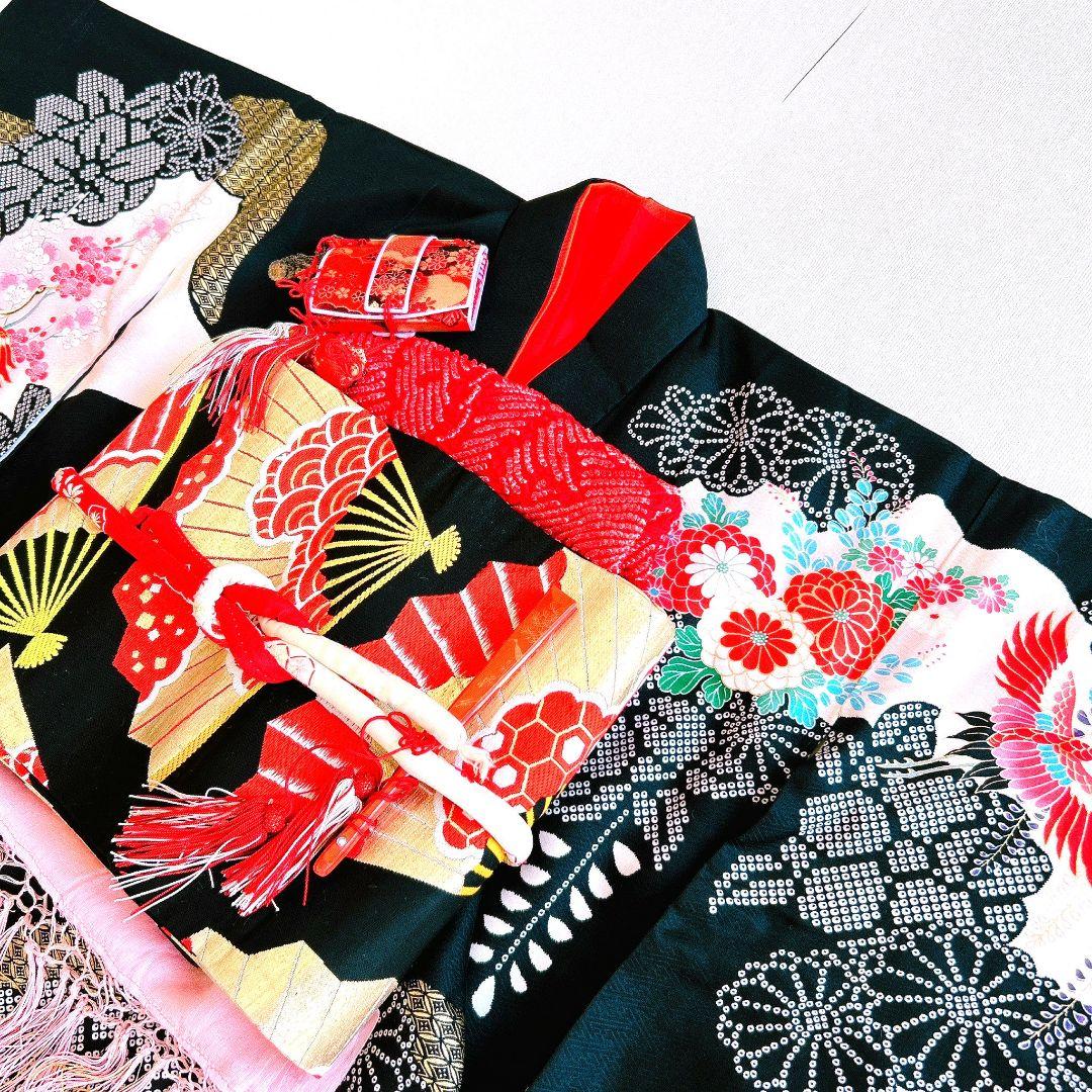 セット　七五三 ７歳女の子 長着＆袖なし長襦袢＆帯＆小物　黒×赤　金糸花御所車鶴