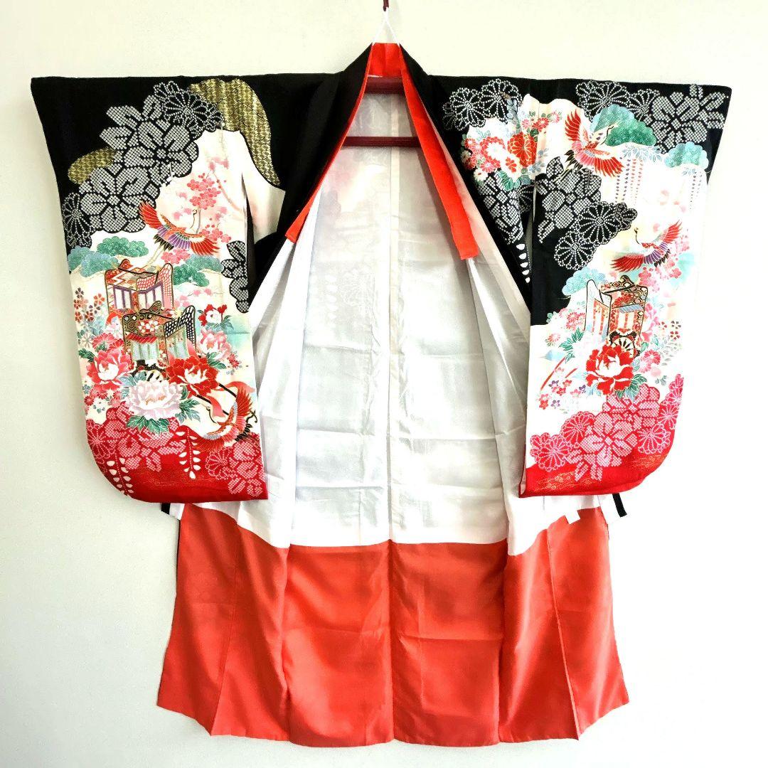 セット　七五三 ７歳女の子 長着＆袖なし長襦袢＆帯＆小物　黒×赤　金糸花御所車鶴